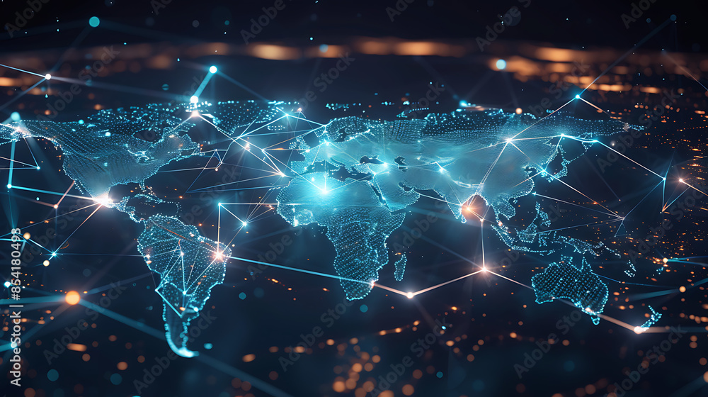 Fototapeta premium Global business network with world map and connecting flight paths