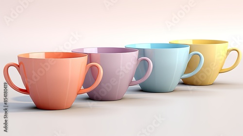 Four pastel colored coffee cups sit in a row against a pale pink background. The cups are pink, purple, blue, and yellow. photo