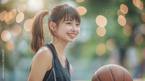 Asian Female in compact sportswear holding a brown basketball in her arm on a street basketball track