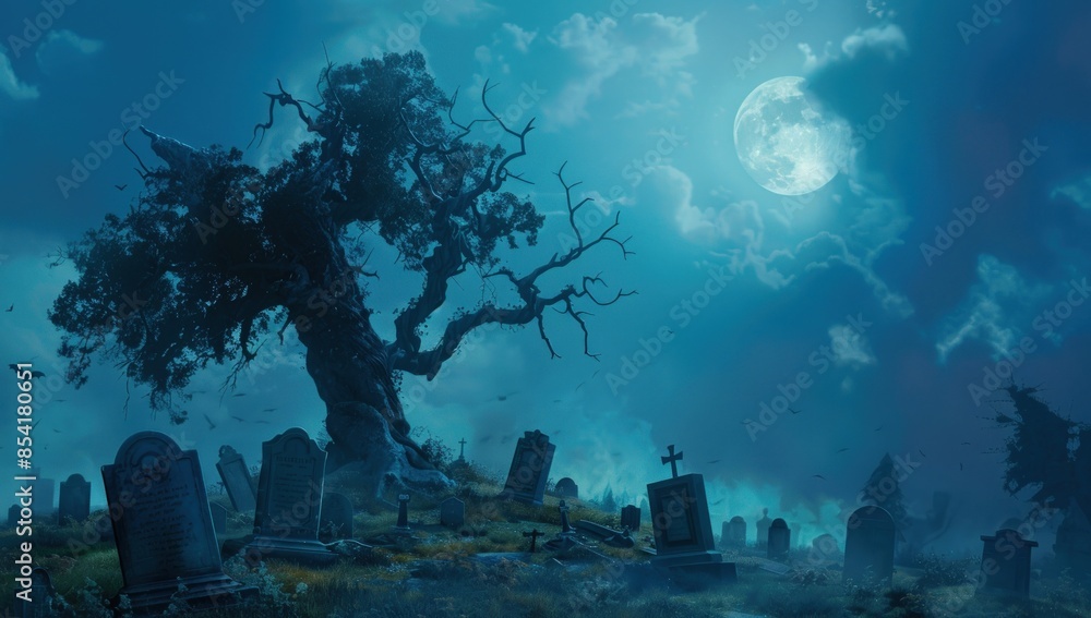 A graveyard at night with a large tree in the foreground. Generate AI image A graveyard at night with a large tree in the foreground. Generate AI image
