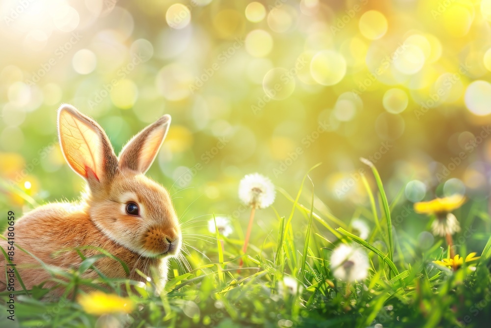 Fototapeta premium Cute little bunny in green grass with dandelions, in a spring nature background banner for Easter holiday celebration or Easter day greeting card copy space.