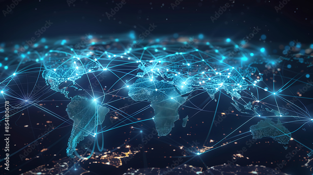 Fototapeta premium Global business network with world map and connecting flight paths