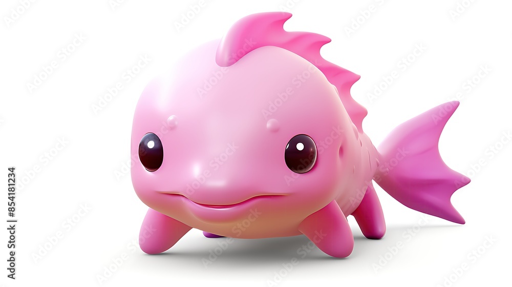 Cute and colorful 3D illustration of a pink fish. The fish has big eyes, a small smile, and a friendly expression. Cute and colorful 3D illustration of a pink fish. The fish has big eyes, a small smile, and a friendly expression.