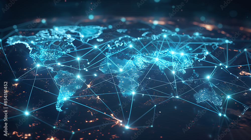 Global business network with world map and connecting flight paths Global business network with world map and connecting flight paths