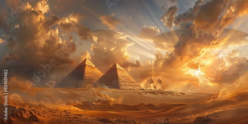 The sun is setting over the pyramids of Egypt. Generate AI image