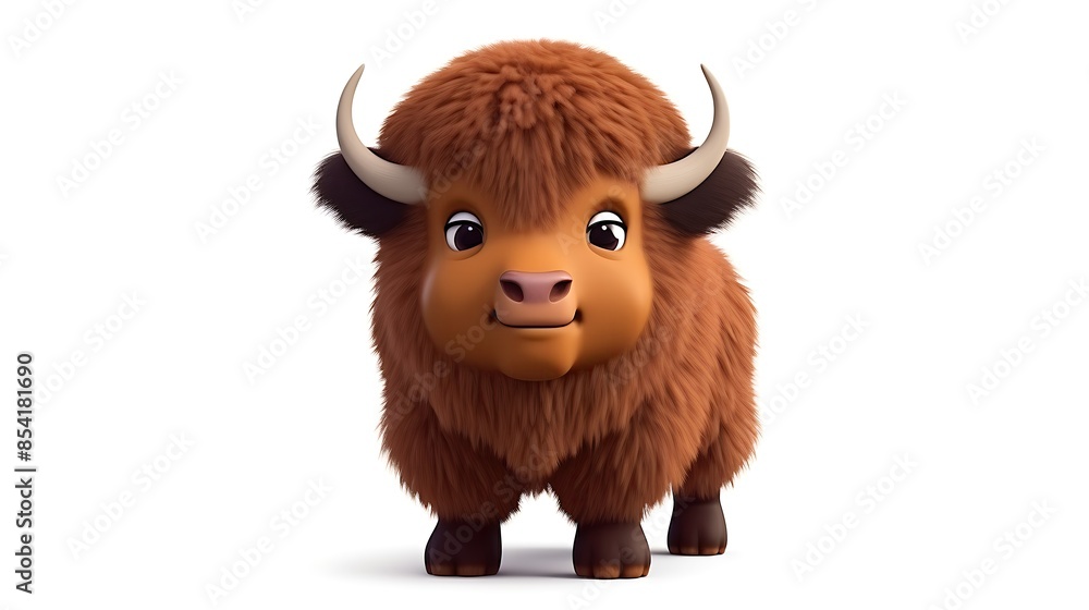 This is a 3D rendering of a baby yak. It has brown fur, black horns, and a pink nose. It is standing on a white background and looking at the camera. This is a 3D rendering of a baby yak. It has brown fur, black horns, and a pink nose. It is standing on a white background and looking at the camera.