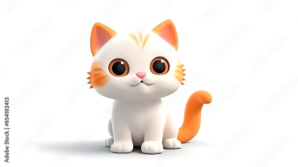 Cute 3D cartoon cat sitting down with a happy expression on its face. The cat has white and orange fur, big round eyes, and a pink nose. Cute 3D cartoon cat sitting down with a happy expression on its face. The cat has white and orange fur, big round eyes, and a pink nose.