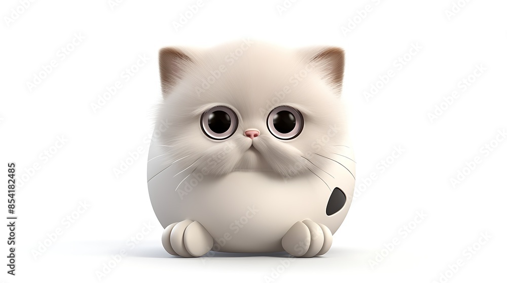 A cute and cuddly white kitten sits on a white background. The kitten has big, round eyes and a pink nose.