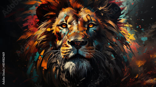 Painting of the face of a lion, with many striking colors, reggue lion, beautiful, with a face of strength and seriousness, generative AI photo