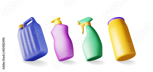 3D set of bottles with liquid detergent isolated. Render collection of canister, spray icon with cleaner, soap or dishwashing. Plastic bottle with dispenser for cleaning products. Vector illustration