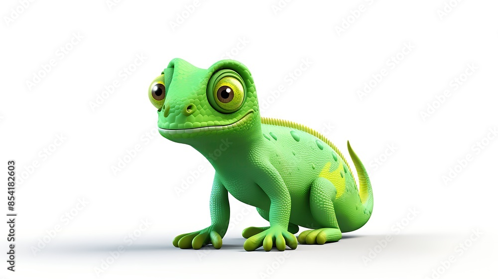 A cute green chameleon is sitting on a white background. The chameleon has big eyes and a friendly smile. It is looking at the camera. A cute green chameleon is sitting on a white background. The chameleon has big eyes and a friendly smile. It is looking at the camera.