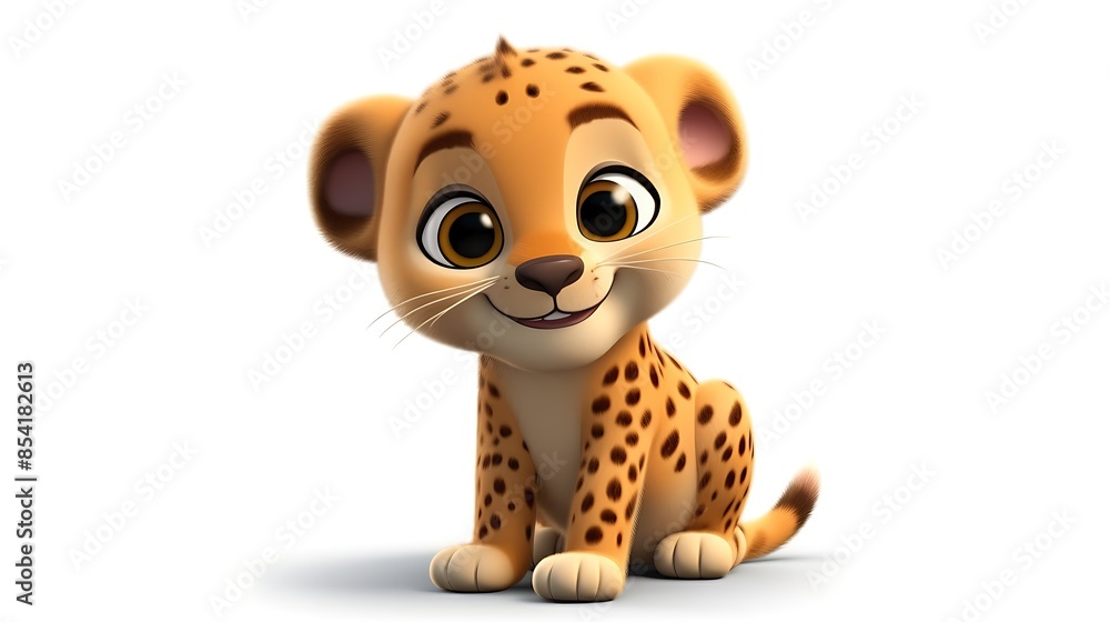 Cute baby cheetah sitting down with a happy expression on its face. It has big eyes and a fluffy tail. It is looking at the camera. Cute baby cheetah sitting down with a happy expression on its face. It has big eyes and a fluffy tail. It is looking at the camera.