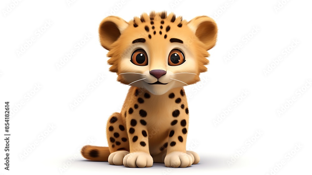 Cute cheetah cub sitting down, looking at the camera with a curious expression. It has tan fur with black spots, a white belly, and big brown eyes. Cute cheetah cub sitting down, looking at the camera with a curious expression. It has tan fur with black spots, a white belly, and big brown eyes.