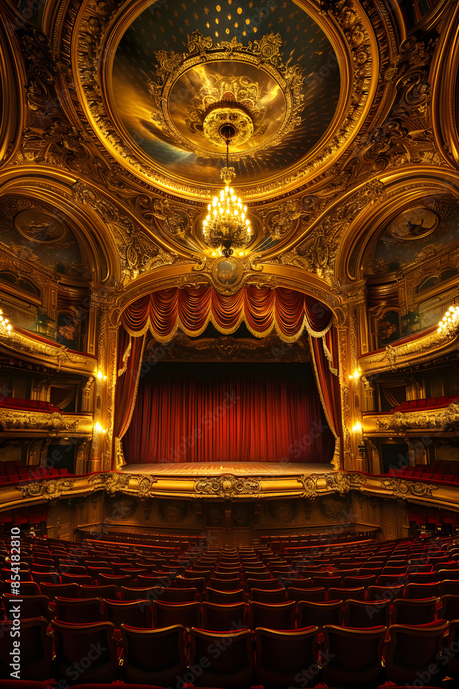 Obraz premium Majestic Opera House Interior with Golden Chandelier and Plush Red Seats Ready for Performance