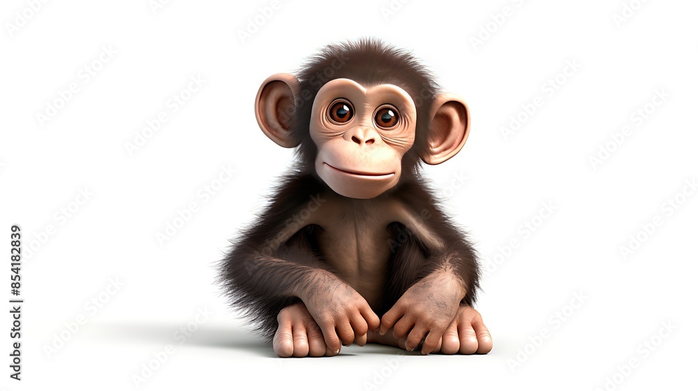 This is a 3D rendering of a baby chimpanzee. The chimp is sitting on a white surface with his hands and feet together. This is a 3D rendering of a baby chimpanzee. The chimp is sitting on a white surface with his hands and feet together.