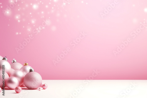 Merry Christmas. A postcard of the year 2024. Pink Christmas background with balls and snowflakes. Christmas pink baubles with empty template for your text. Abstract holiday backdrop with copy space.  © pijav4uk