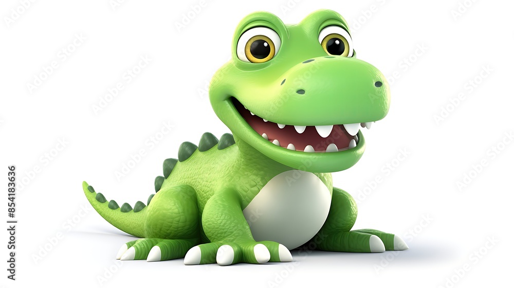 Cute and funny green dinosaur smiling and looking at the camera. 3D rendering of a cartoon character. Cute and funny green dinosaur smiling and looking at the camera. 3D rendering of a cartoon character.