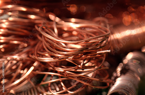 Bare copper wire. Red orange metal texture. photo