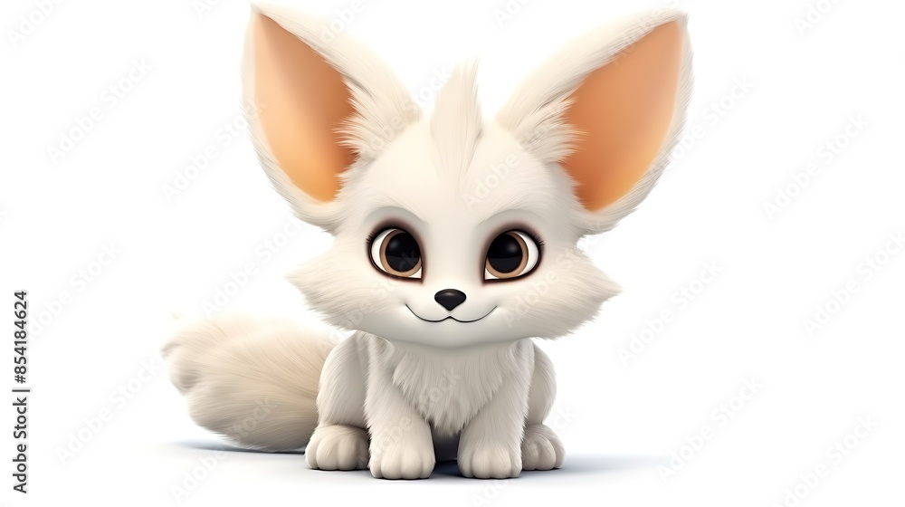 Obraz premium Cute cartoon fennec fox sitting down, isolated on white background. 3D rendering.