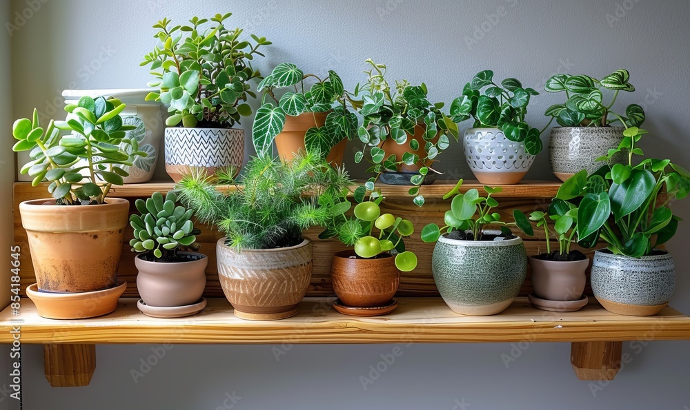 A collection of beautiful indoor green plants growing in various pots placed neatly on a shelf, adding a touch of nature to the indoor space A collection of beautiful indoor green plants growing in various pots placed neatly on a shelf, adding a touch of nature to the indoor space