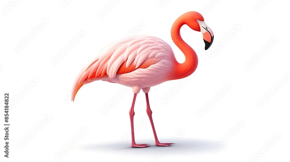 Fototapeta premium A beautiful flamingo stands on one leg in the water. Its pink feathers are ruffled in the breeze, and its long, graceful neck is curved downward.