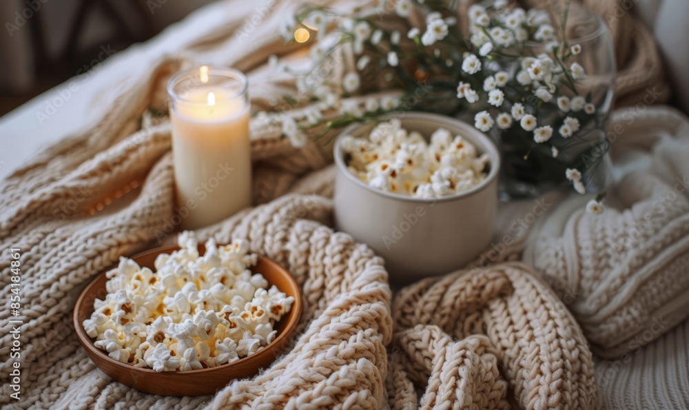 A cozy movie night at home with a selection of classic romantic films and white appetizers A cozy movie night at home with a selection of classic romantic films and white appetizers