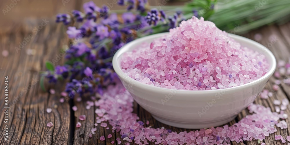 A bowl of pink salt is on a wooden table with purple flowers. Generate AI image A bowl of pink salt is on a wooden table with purple flowers. Generate AI image