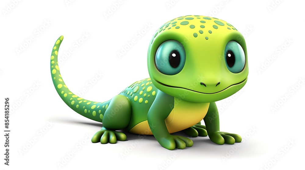 Fototapeta premium A cute green gecko with big blue eyes and a friendly smile. It has a long, slender body and a tail that curls up at the end.