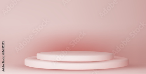 Pink podium mockup. Studio showroom pedestal, fashion showcase mock up scene or exhibition gallery display 3d vector podiums.