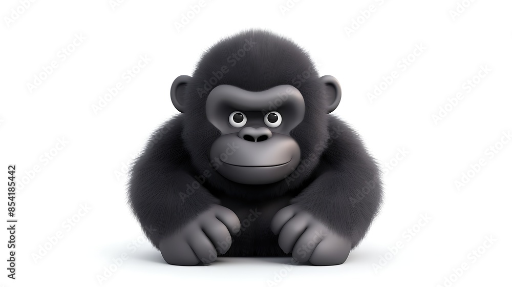 Fototapeta premium A cute and cuddly 3D rendering of a baby gorilla sits on a white background. It has big, round eyes and a friendly smile.