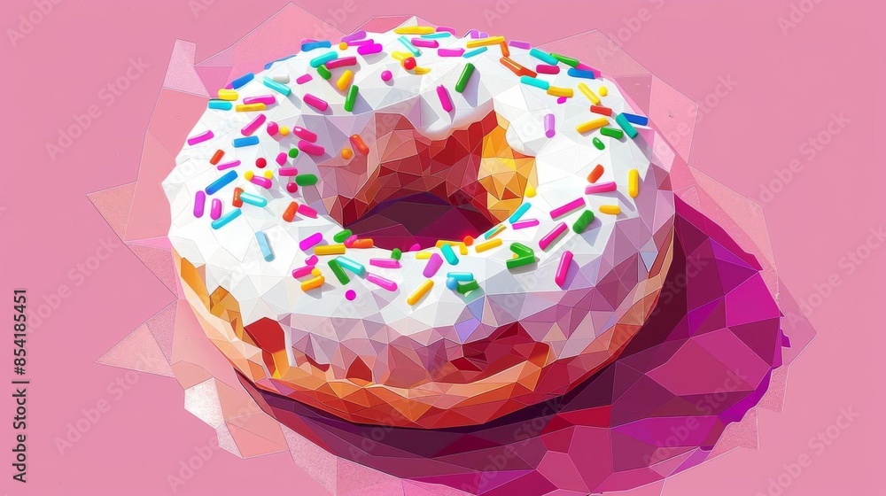 Low poly art of a donut with white frosting and sprinkles, vibrant and angular, fun and modern, perfect for contemporary dessert scenes, Low poly art of a donut with white frosting and sprinkles, vibrant and angular, fun and modern, perfect for contemporary dessert scenes,