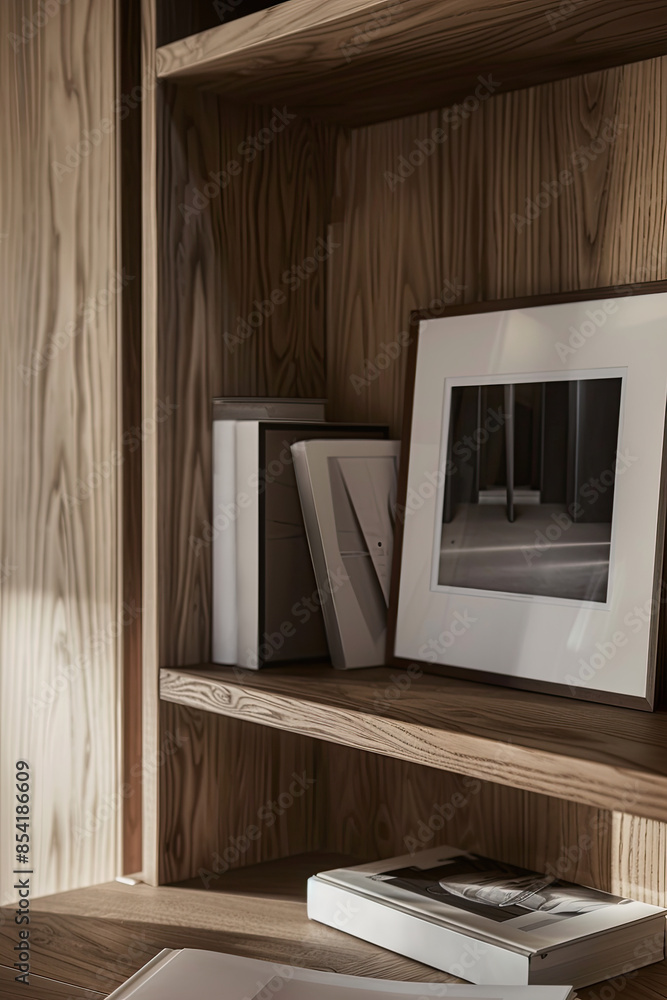 Fototapeta premium A closeup of the bookshelf in an apartment, with books and magazines neatly arranged. The shelf contains books and framed photographs, creating a cozy reading nook or study space.