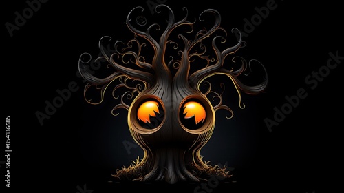 A digital painting of a spooky tree with glowing eyes. The tree has a large, gnarled trunk and branches that are twisted and bare. photo