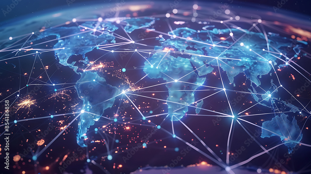 Fototapeta premium Global business network with world map and connecting flight paths