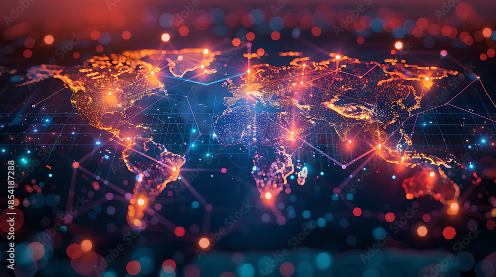 Fototapeta premium Global business network with world map and connecting flight paths