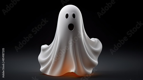 A cute and friendly ghost is standing in front of a black background.