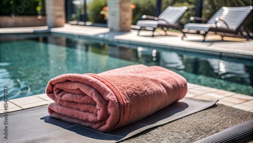 Pink towel on pool edge in sunny summer setting.