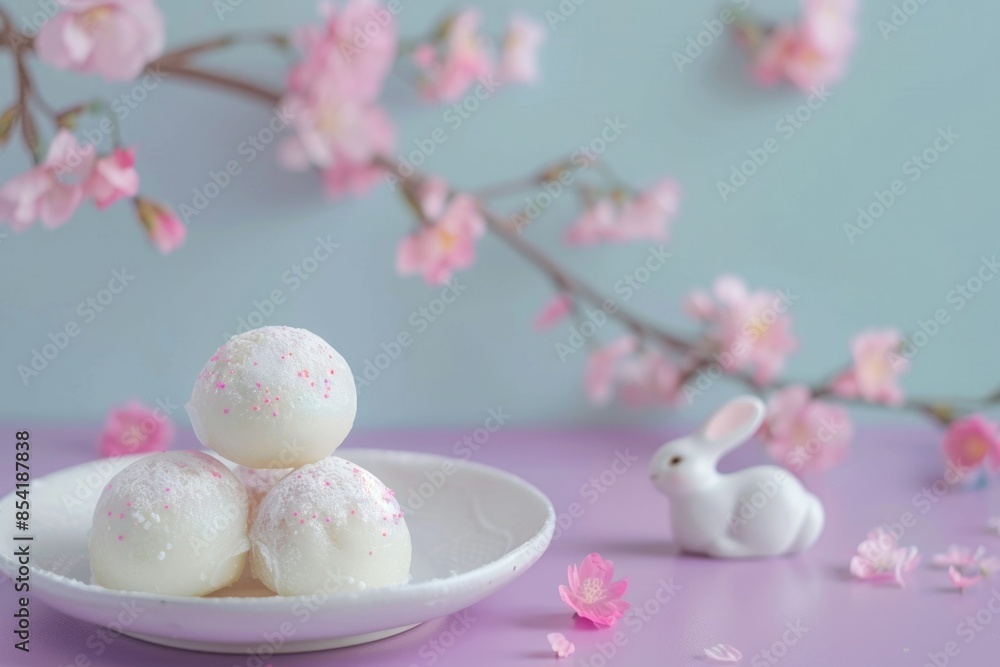 pink strawberry mochi. hare. rabbit. Japanese dessert. Rice glutinous flour. pink strawberry mochi. hare. rabbit. Japanese dessert. Rice glutinous flour.