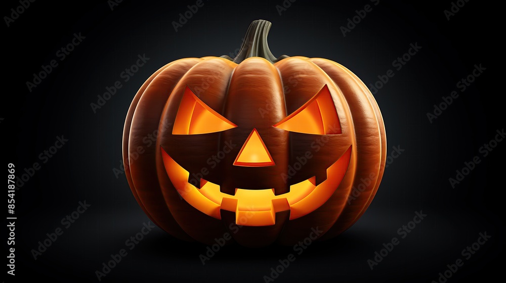 This is a 3D rendering of a jack-o-lantern. It has a carved face with a smile and two teeth. It's lit by a candle inside. The background is black. This is a 3D rendering of a jack-o-lantern. It has a carved face with a smile and two teeth. It's lit by a candle inside. The background is black.