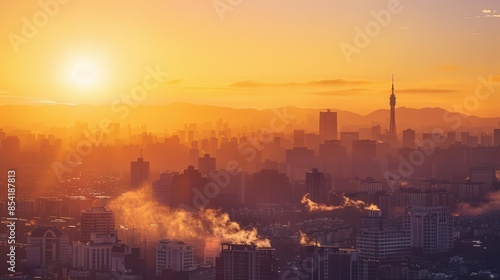 city sunrise urban skyline illuminated by golden morning light landscape photography © Jelena