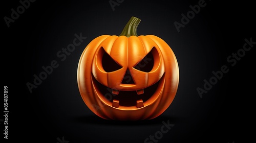 3D rendering of a Halloween pumpkin isolated on a black background. The pumpkin has a carved face with a smile and is lit from inside.