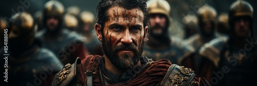 Roman legionaries with armor on, are standing together, Ready to fight. cinematic stills, selective focus. group of armed knights.