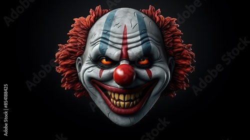 This is a 3D rendering of a clown face. The clown has red hair, a white face, and a red nose. It is smiling and has its eyes wide open.