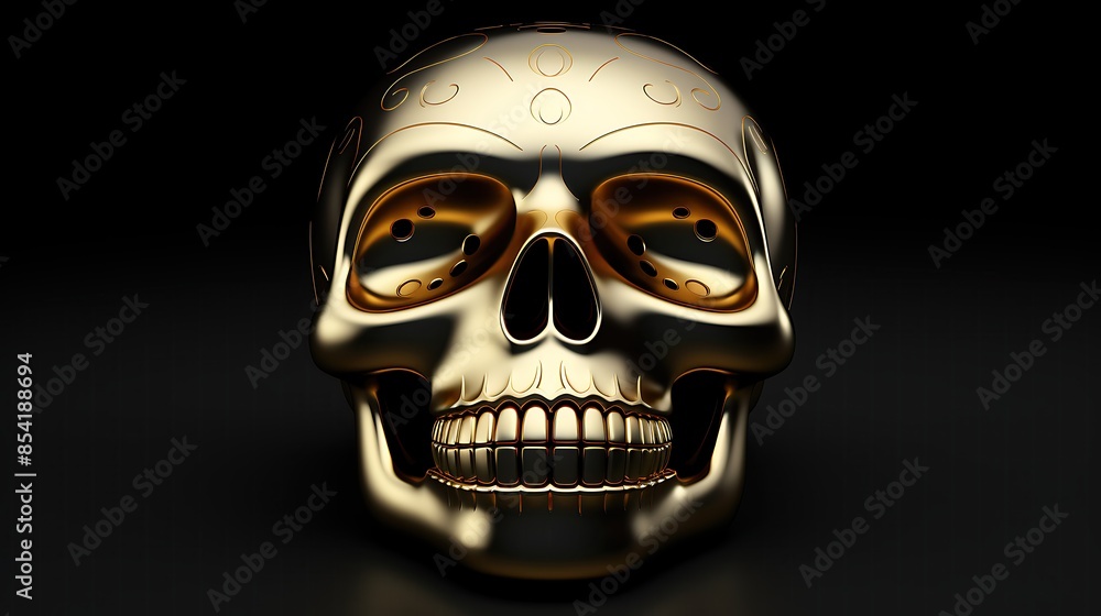 This is a 3D rendering of a gold skull with a black background. The skull is facing the viewer and has a detailed and realistic design. This is a 3D rendering of a gold skull with a black background. The skull is facing the viewer and has a detailed and realistic design.