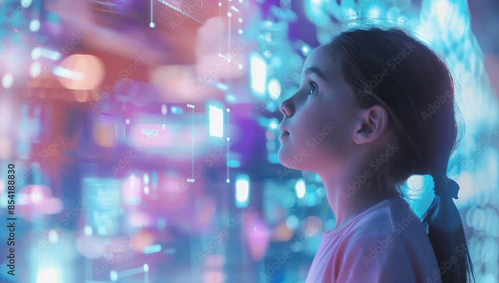 Young child in front of an interactive screen, interacting with digital data and AI technology, symbolizing the future of education through immersive VR learning experiences. Young child in front of an interactive screen, interacting with digital data and AI technology, symbolizing the future of education through immersive VR learning experiences.