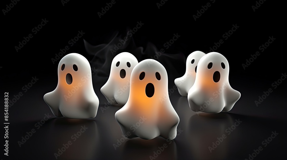 3D rendering of a group of cute ghosts with glowing eyes and mouths. The ghosts are floating in a dark void.