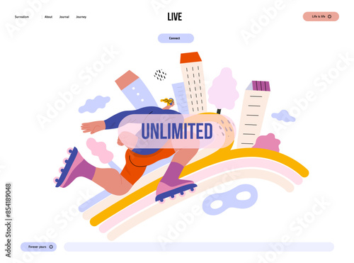 Life Unframed: Roller -modern flat vector concept illustration of a man rollerblading across rainbow. Metaphor of unpredictability, imagination, whimsy, cycle of existence, play, growth and discovery