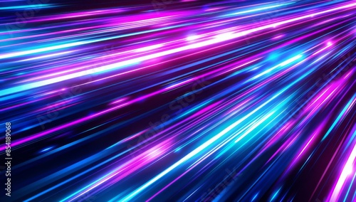 Neon light rays background with blue and purple glowing lines, with a motion effect. Abstract futuristic wallpaper design for technology or digital concepts.