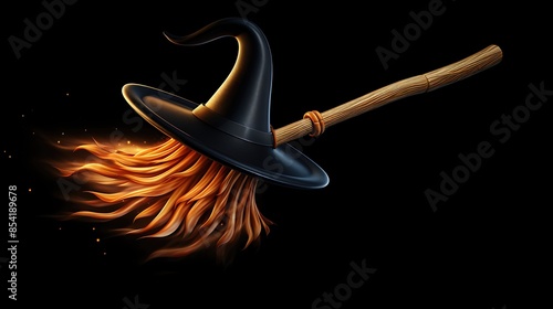 3D rendering of a witch's hat on a broomstick. The hat is black and the broomstick is brown. The bristles of the broomstick are made of fire. photo