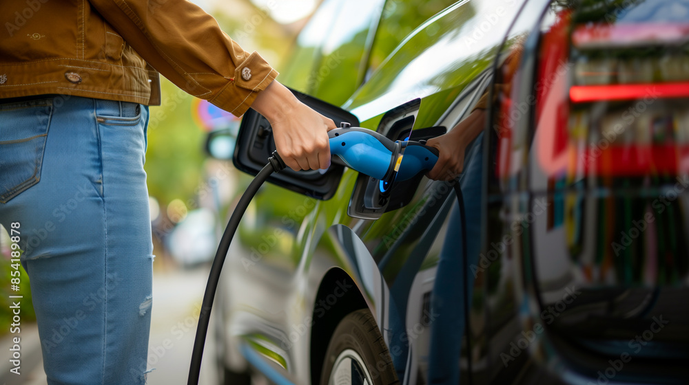 Woman is charging an electric car at a charging station in the green, promoting sustainable transportation and eco friendly practices Woman is charging an electric car at a charging station in the green, promoting sustainable transportation and eco friendly practices